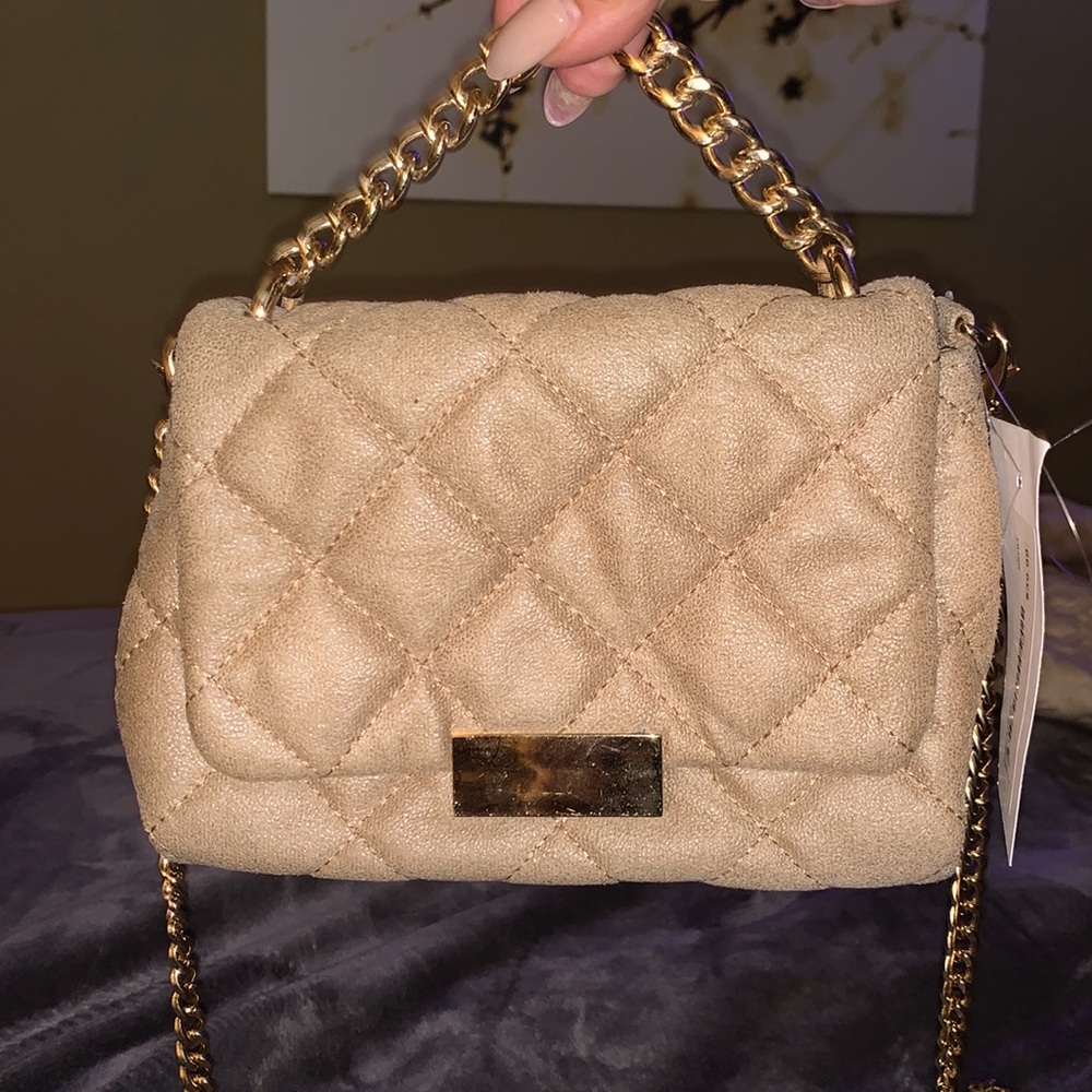 Quilted camel color mini crossbody handbag